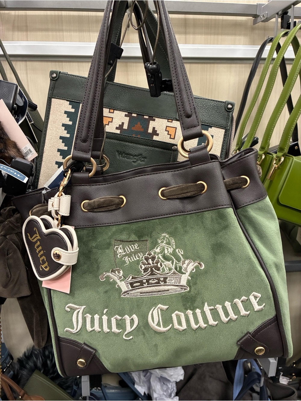 Juicy Couture Green and Brown Suede Tote with Embroidered Crest